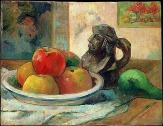Nature morte avec pommes, une poire et une cruche en céramique, 1889